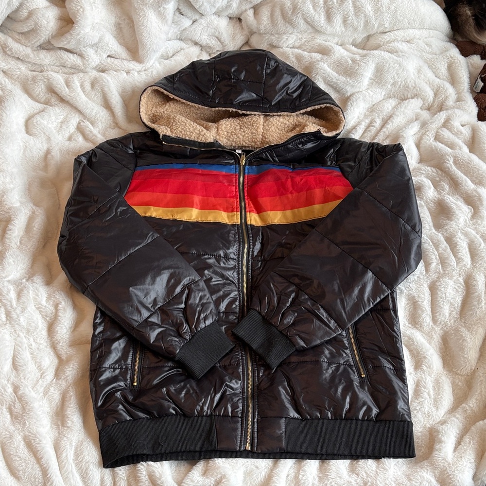 Amazon Black Puffer Jacket with Multicolor Stripes